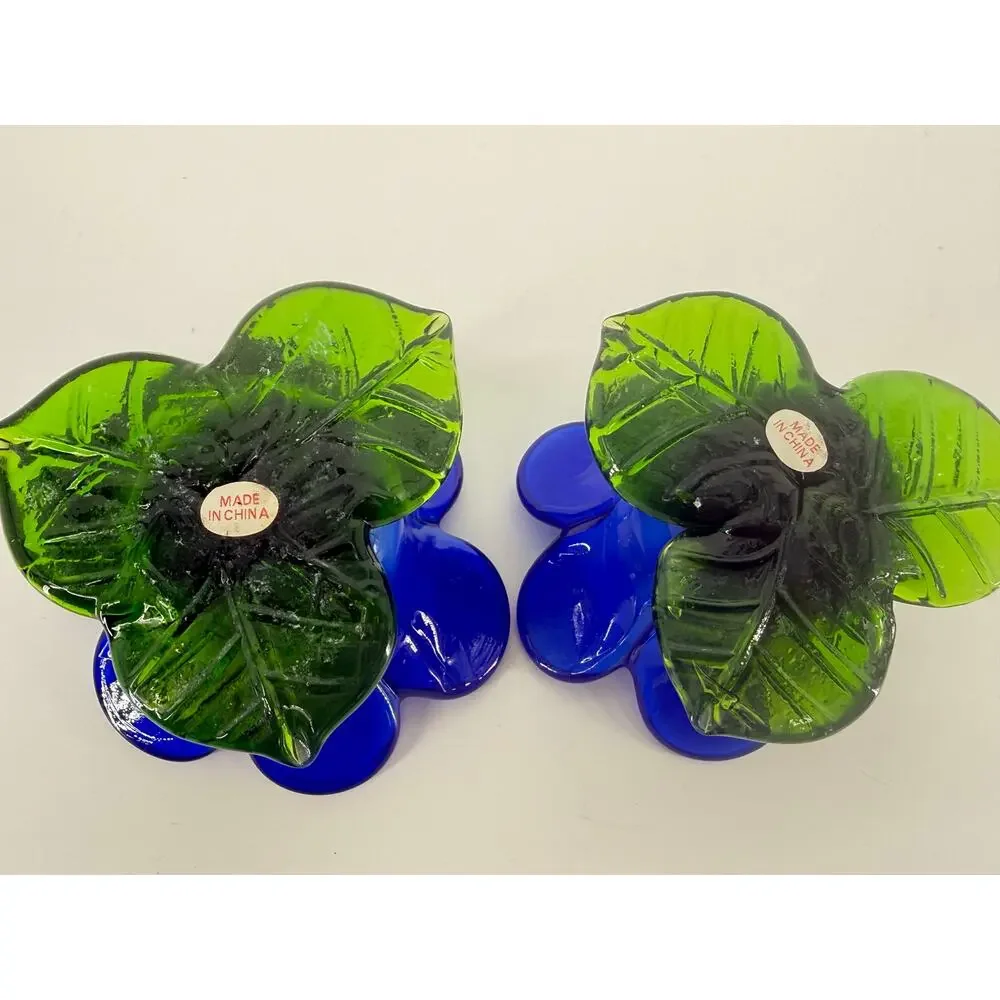 Vintage Cobalt Blue Glass Flower Candle Holders Green Leaf Boho Decor Set of 2
